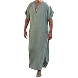 Herren Baumwolle Leinen Ethnische Roben, V-Ausschnitt Arab Einfarbig V-Ausschnitt Kaftan, Indisches Muslimisches Hemd Lange Bademäntel Morgenmantel (Seladon, XL)