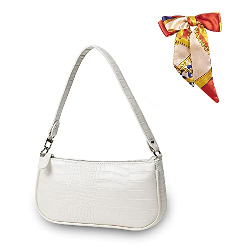 CAMILIFE Handtasche Damen Vintage, Umhängetasche mit Schickem Krokoprägung-Druck, Kleine Umhängetasche Damen,Damen Schultertasche,Frau Vintage Shoulder Mini Bag (Weiß)