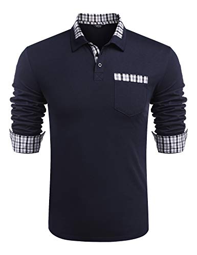 COOFANDY Poloshirt Herren Langarm mit Brusttasche Polohemd Freizeit Shirt Basic Männer Polo Navyblau M