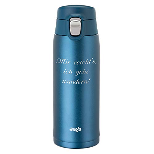 Emsa Thermobecher Travel Mug Light 0,4 L Blau mit persönlicher Rund-Gravur gelasert und Flip-Deckel Verschluss