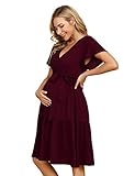 KOJOOIN Damen Umstandskleid V-Ausschnitt Stillkleid Casual Schwangerschafts Kleider mit Rüsche Grape(Kurzarm) M