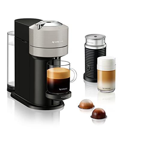 Krups XN911B Nespresso Vertuo Next Kaffeemaschine mit Aerroccino Milchaufschäumer | 1,7 L Wassertank | Kapselerkennung durch Barcode | 5 Tassengrößen | aus 54 % recyceltem Kunststoff | Hellgrau