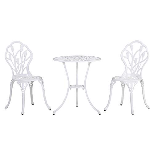 Outsunny Sitzgruppe 3-teilige Essgruppe Gartenmöbel-Set Balkonmöbel Set 1 Tisch+2 Stühle mit Schirmloch Terrasse Aluminium Weiß Ø60 x 67H cm