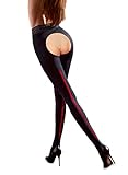 MARILYN Poupée erotische Damen Strumpfhose mit offenem Schritt 60 Den Reizwäsche 10 cm Spitzengürtel flache Naht Schwarz mit roten Streifen