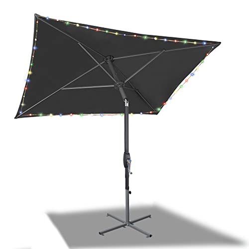 HOMEDEMO Sonnenschirm mit Kurbel Strandschirm, 210x140cm Rechteckig mit LED-Lichtern Gartenschirm Marktschirm, Terrassenschirm, Tischschirm mit Schirmständer Schutz 50+ Knickbar Neigbar