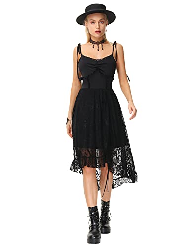 Schulterfreies Kleid mit Trägern Patchwork Spitze A Linie V-Ausschnitt Schwarz L