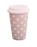 Krasilnikoff - Kaffee to Go Becher - Travel Mug - Rosa Sterne - Porzellan, Silikon - 350 ml