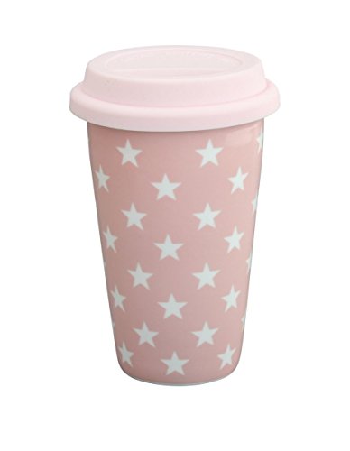 Krasilnikoff - Kaffee to Go Becher - Travel Mug - Rosa Sterne - Porzellan, Silikon - 350 ml
