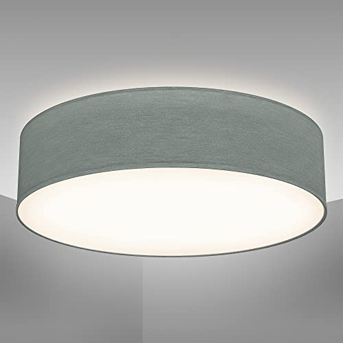 B.K.Licht – Deckenlampe – Grau, 380 mm Ø, 10 cm hoch, Stoff Lampenschirm, blendfreies & gleichmäßiges Licht, Rund
