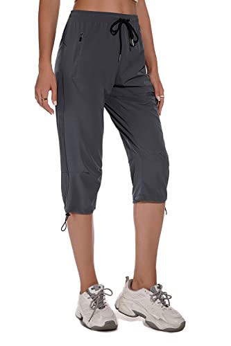 Vthereal Wanderhose Damen Outdoorhose 3/4 Hose Trekkinghose Softshellhose mit Reißverschlusstasche Leichtgewichtige UPF 50+, Grau,M