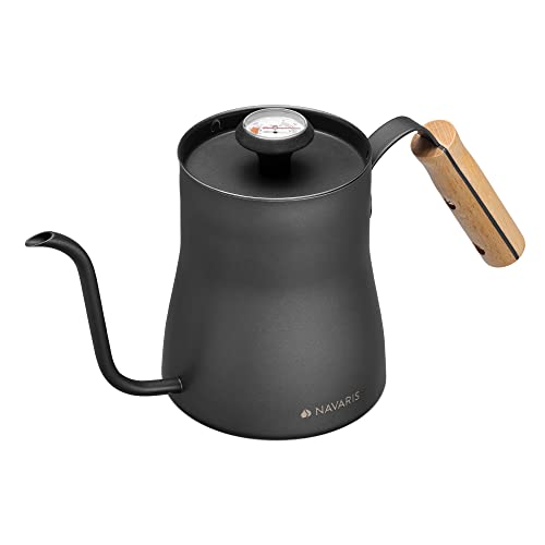Navaris Wasserkocher Wasserkessel für Kaffee Zubereitung - 1l Schwanenhals Kessel inkl. Thermometer - mit langem Ausgießer und Holzgriff