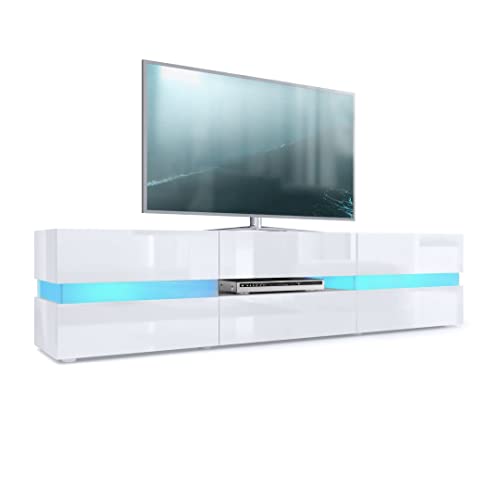 Vladon Lowboard Flow, TV-Kommode mit Ambient Light Verglasung mit 2 Türen, 1 Schublade und 1 Klappe, Weiß Hochglanz/Weiß Hochglanz, inkl. LED-Beleuchtung (177 x 45 x 39 cm)