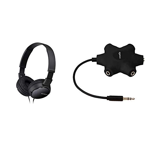 Sony MDR-ZX110 Faltbarer Bügelkopfhörer, schwarz & Amazon Basics - 5-Wege Aux Audio-Splitter für Kopfhörer, Schwarz