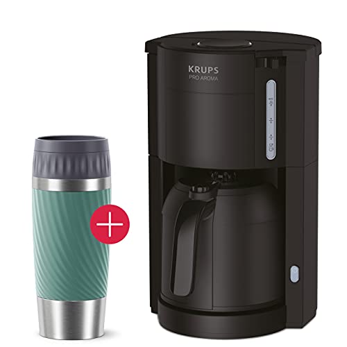 Krups KM3038-2 Filter Kaffeemaschine mit Thermo-Kanne + Emsa Travel Mug Thermobecher 360ml grün, Kaffeeautomat für 10-15 Tassen Kaffee, Thermoskanne mit 1 Liter Fassungsvermögen, bis zu 4 Stunden Heiß