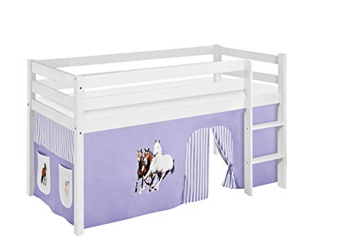 Lilokids Spielbett Jelle Pferde, Hochbett mit Vorhang Kinderbett, Holz, lila/beige, 208 x 98 x 113 cm