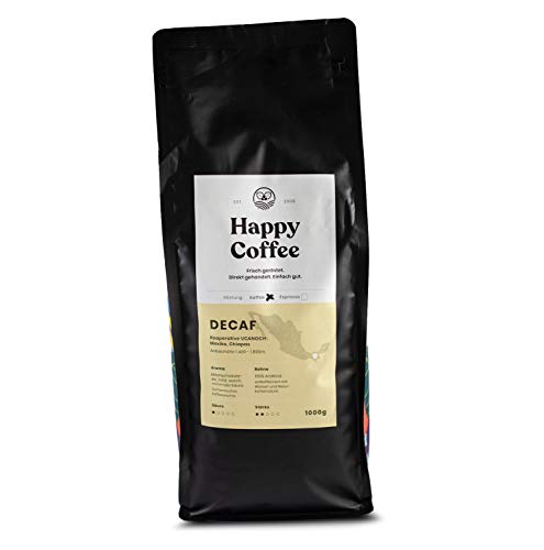 HAPPY COFFEE [DECAF] Entkoffeinierte Bio Filter Kaffeebohnen | Schokoladig, Mild & Säurearm | Ganze Bohne (1 KG)
