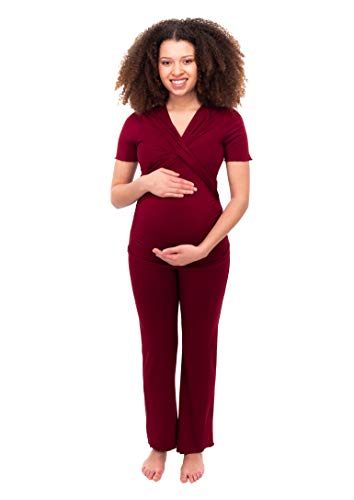 Herzmutter Stillpyjama-Umstandspyjama - Schlafanzug für Damen - Nachtwäsche für Schwangerschaft-Stillzeit - Pyjama-Set mit Stillfunktion - Kurzarm - weiches Material - 2400 (M, Dunkelrot)