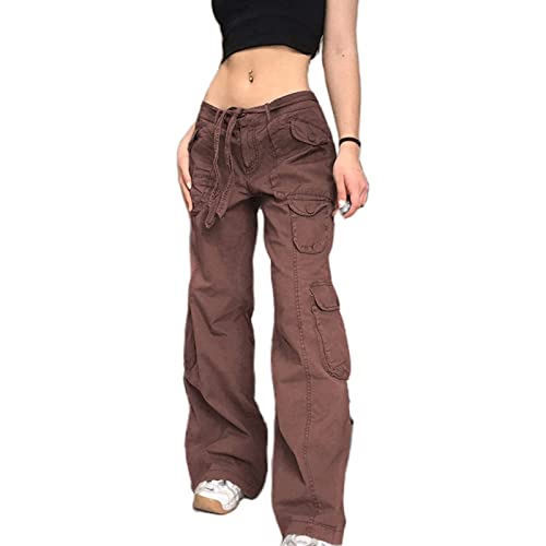 Yokbeer Damen Low Waist Cargo Jeans Gerade Breites Bein Baggy Denim Hosen Y2k Indie Aesthetic Vintage Jeanshosen 90er Streetwear (Color : Brown, Size : S)
