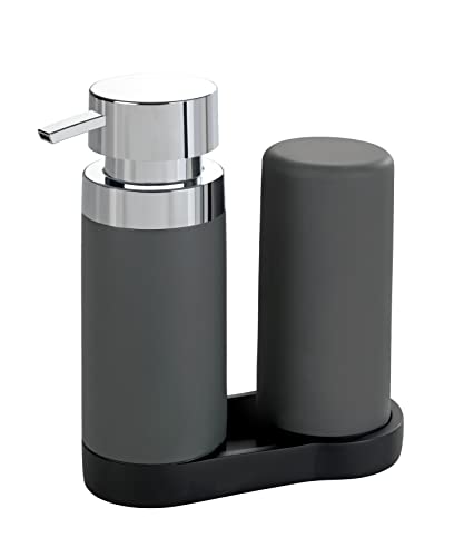WENKO Easy Squeez-e Spülstation Grau,Kombination aus nachfüllbarem Spülmittel und Seifenspender ideal für Bad,Küche und Gäste-WC,Fassungsvermögen ca.250 ml(ohne Inhalt)je Dosierer,Maße 15 x 18 x 7 cm