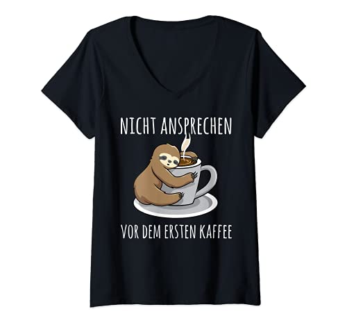 Damen Nicht vor dem ersten Kaffee Tasse Nachthemd, Lustig Faultier T-Shirt mit V-Ausschnitt