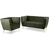 Lounge Möbel Set: Sofa 2 Sitzer, Sessel mit Beinen in Color Gold dunkelgrün - in Velours-Stoff, mit Metallbeinen für einfache Montage, mit weicher Füllung - Sessel und Sofa für Wohnzimmer, Büro