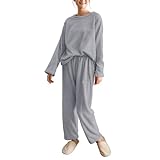 Hveuluop Gieen Damen Warm Pyjamas - Rundkragen Gestreift Koralle Samt Pyjamas Plus Samt Homewear Set Herbst Winter Casual Komfortabel