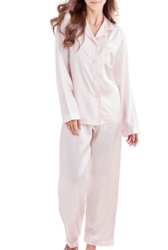 Damen Schlafanzug Pyjama Satin Lang Nachtwäsche Set Klassische Loungewear (Rosa, S)