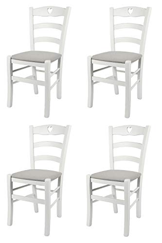 t m c s Tommychairs - 4er Set Stühle Cuore für Küche und Esszimmer, Robuste Struktur aus Buchenholz, deckend Weiss lackiert und gepolsterte Sitzfläche mit Stoff in der Farbe Perlgrau bezogen