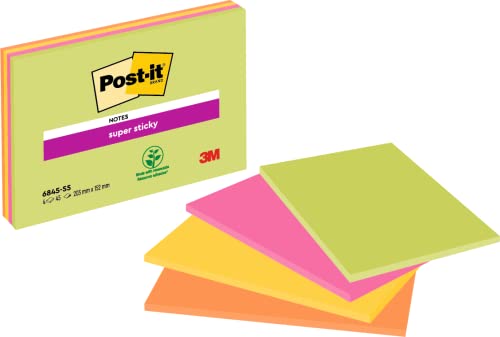 Post-it Super Sticky Meeting Notes, Neonfarben, 203mmx 152mm, 45Blatt/Block, 4Blöcke/Packung
