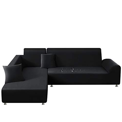 TAOCOCO Sofa Überwürfe Sofabezug Elastische Stretch Wasserdicht Sofa Abdeckung für L-Form 2er Set mit 2 Stücke Kissenbezug (3 Sitzer+3 Sitzer, Schwarz)