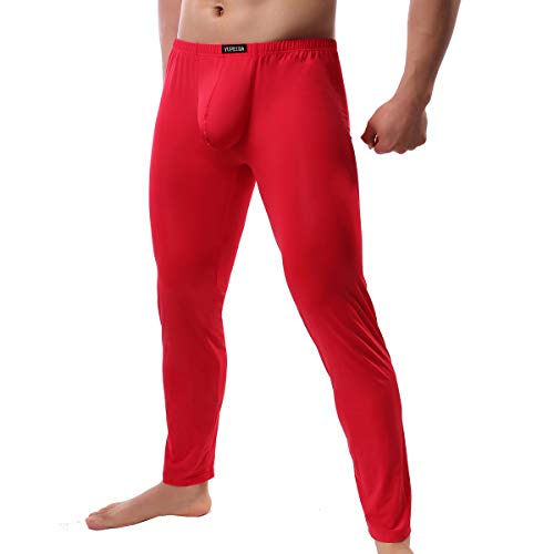 YUFEIDA Herren Lange Unterhosen mit Weichbund transparent Hose Unterwäsche Strumpfhose Leggings (L, Dicker Rot)