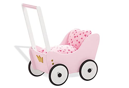 Pinolino Puppenwagen Prinzessin Lea, aus Holz, mit Bremssystem, Lauflernhilfe mit gummierten Holzrädern, für Kinder von 1 – 6 J, rosa, weiß und gold