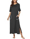 BESDEL Cotton Knit Short Sleeve Nachthemd für Frauen Ganzkörperansicht Schlafkleid mit Taschen Dunkelgrau L