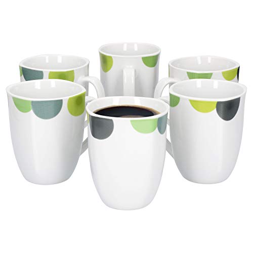 Van Well | 6er Set Kaffeebecher Rondo | 300-350 ml | Jumbo-Tasse | XL-Becher | Tee-Pott | abstrakte Retro-Kreise grün-gelb | edles Porzellan-Geschirr