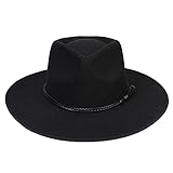 JK Home Fedora-Hut mit breiter Krempe, aus Wollfilz, Panama-Kappe, Einheitsgröße, Unisex, Damen und Herren, schwarzes geflochtenes Lederband, Black Braided Leather, Einheitsgröße