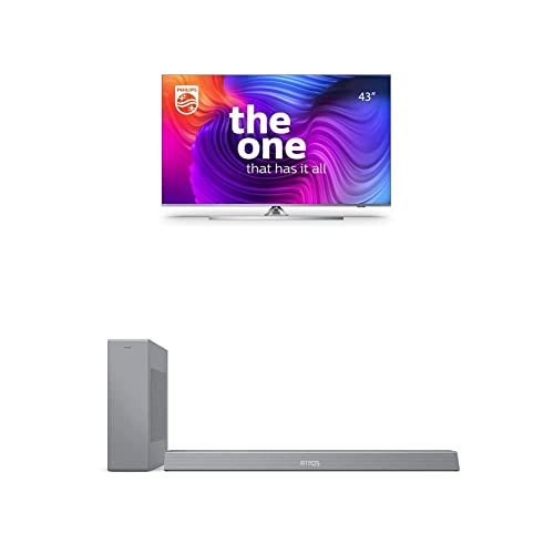 Philips TV 43PUS8506 43 Zoll 4K UHD LED Android TV mit Ambilight,HDR10+, Dolby Vision+ B8505/10 Soundbar mit Subwoofer kabellos(2.1 Kanäle,240W,Dolby Atmos,HDMI eARC, DTS Play-Fi kompatibel) Silber