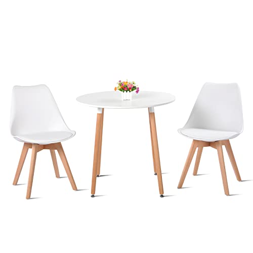 H.J WeDoo Esstisch mit 2 Stühle Essgrupp Holztisch und Weiß Skandinavisches Stuhl Esstisch Set für Esszimmer Küche 80cm