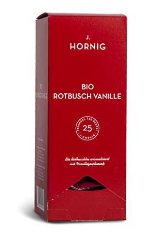 J. Hornig Bio Rotbuschtee Vanille, Tee im biologisch abbaubaren Pyramidenteebeutel, 25 Tee-Sachets, aromatisierter Rooibos Tee mit Vanillestücken