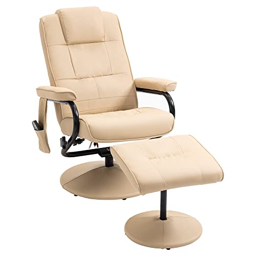 HOMCOM Relaxliege mit Liegefunktion Massagesessel Fernsehsessel TV Sessel mit Massagefunktion inkl. Hocker Kunstleder Cremeweiß 77 x 84 x 95 cm