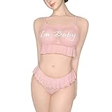 LittleForBig Mesh Tutu Spitzenbesatz Damen Nachtwäsche Träger Pyjama Cami Top und Tanga Bralette Set - I'm Baby Rosa S