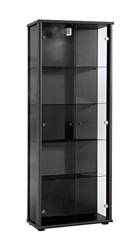 K-Möbel Glasvitrine in Schwarz(176x67x33 cm) mit 4 höhenverstellbaren Glasböden aus ESG; beleuchtet; perfekt für Sammler;