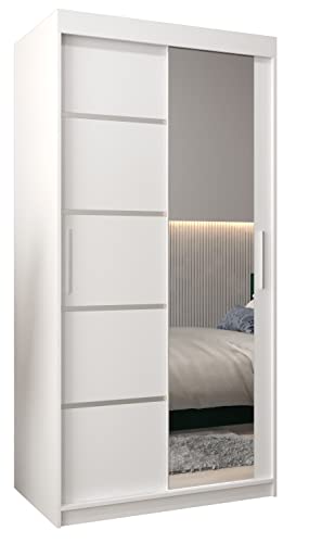 Schwebetürenschrank Verona 2-100 cm mit Spiegel Kleiderschrank mit Kleiderstange und Einlegeboden Schlafzimmer- Wohnzimmerschrank Schiebetüren Modern Design (Weiß)
