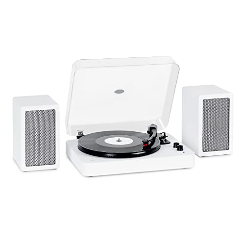 auna TT-Play SE Bluetooth Plattenspieler mit Lautsprecher - Schallplattenspieler mit max. 20 W Leistung, Vinyl Player mit Bluetooth, 33/45/78 U/min Rahmenantrieb, weiß