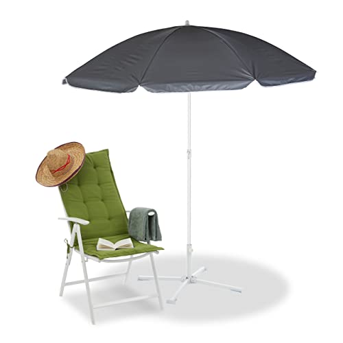 Relaxdays Sonnenschirm, Ø 160 cm, höhenverstellbar, knickbar, UV-Schutz, Polyester, Stahl, runder Strandschirm, grau