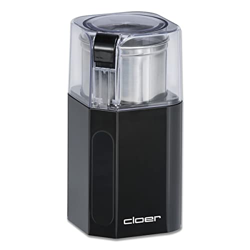 Cloer 7580 Elektrische Kaffee-und Gewürzmühle, 200 W, für Pesto, Nüsse und Getreide, bis zu 70 g Kaffeebohnen, abnehmbarer Edelstahlbehälter, schwarz, Kunststoff