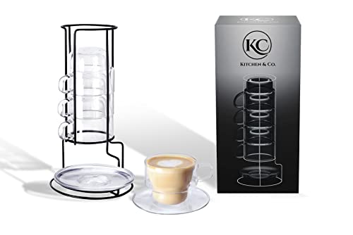 Doppelwandige Tassen mit Henkel Stapelbar mit Ständer und Untertassen, Espressotassen, Teetassen Kaffee Gläser Set (4 x 200 ml mit Unterteller) Borosilikatglas - spülmaschinenfest - handgemacht