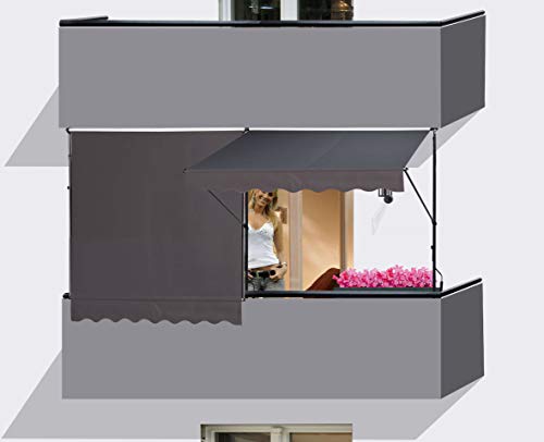 QUICK STAR 2 Stück Klemmmarkise 250x130cm GRAU Balkonmarkise Sonnenschutz Terrassenüberdachung Höhenverstellbar von 200-290cm Markise Balkon ohne Bohren