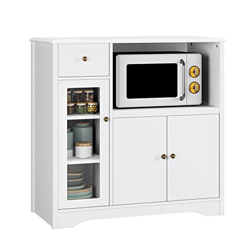 HOCSOK Sideboard Weiss, Küchenschrank mit Mikrowellenregal Türen und Schubladen Aufbewahrungsschrank für Esszimmer, Küche 90 x 40 x 82 cm