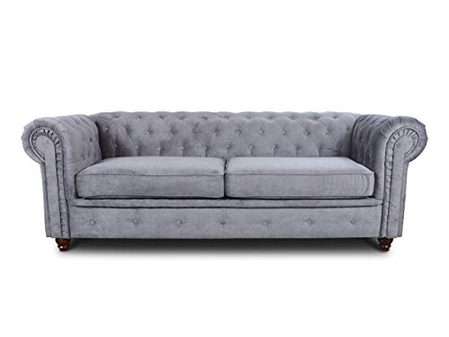 Sofa Chesterfield Asti 3-Sitzer, Couch 3-er, Glamour Design, Couchgarnitur, Sofagarnitur, Holzfüße, Polstersofa - Wohnzimmer (Grau (Capri 09))