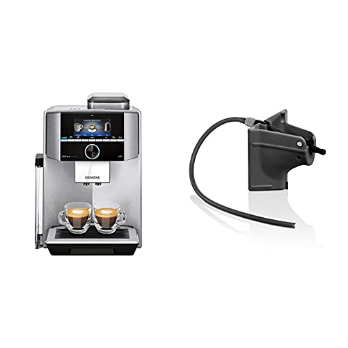 Siemens EQ.9 Plus Connect s500 TI9553X1RW Kaffeevollautomat mit Touchscreen - für zwei Tassen gleichzeitig - Barista-Modus - Farbe: Edelstahl & TZ90008 Milchadapter, schwarz